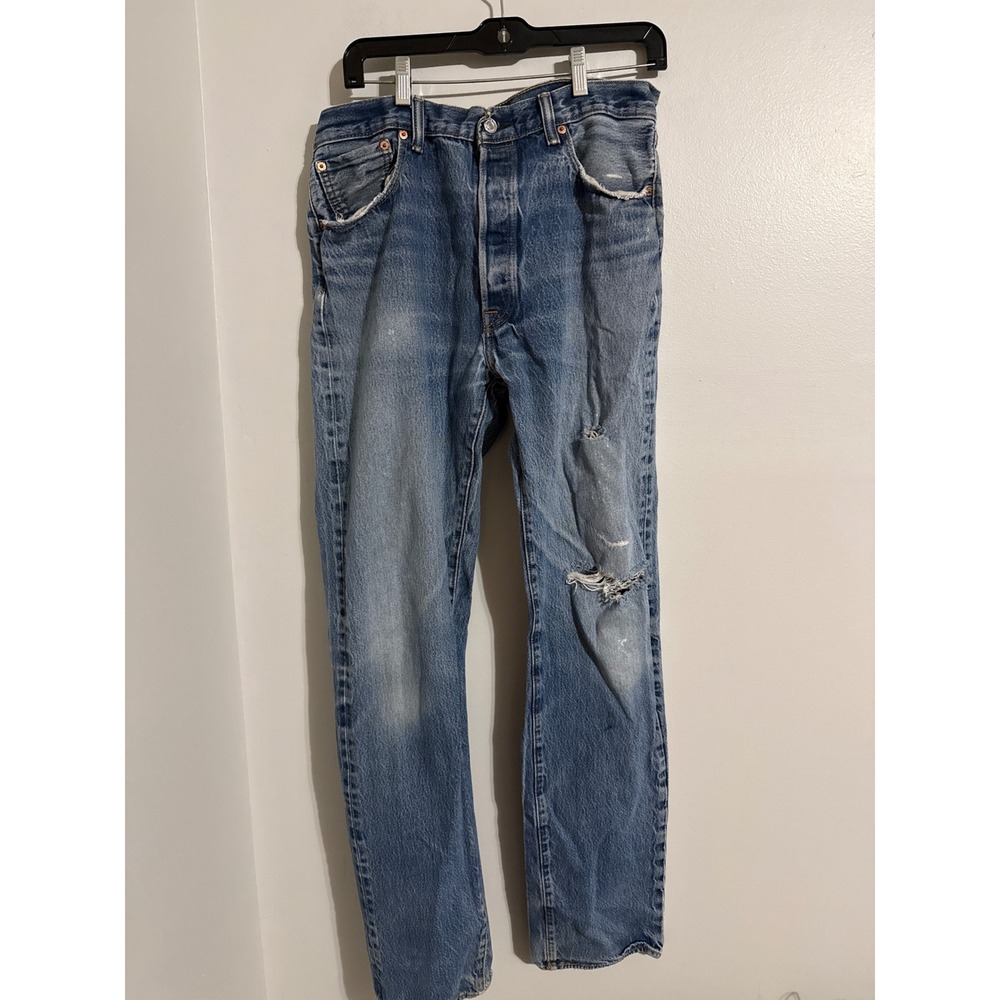 Levis 501 Original Fit Jeans Mens 36x40 Light Wash Distressed Button Fly Denim